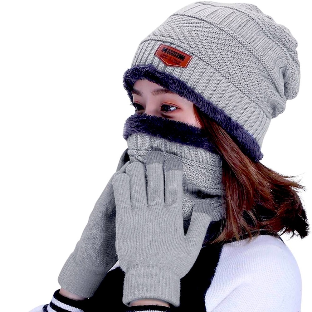 Winter Hat Scarf Slouchy Beanie Snow Knit Skull Cap Fleece Lined